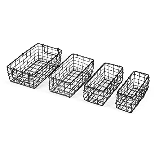 BIRDROCK HOME 4 Stück Drahtkörbe - Schwarz - Küchenschublade, Speisekammer oder Schrank - stapelbare Bauernhausbehälter Cover