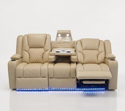 Image of ISLAND OF COMFORT Sydney Leather Electric Recliners Sofa With Cupholders - 3+2 Seater Sofa/LED Lights/Wireless Charging/USB Charging Ports/Storage - Modern 3+2 Home Cinema Suite (Beige, 3 Seater)