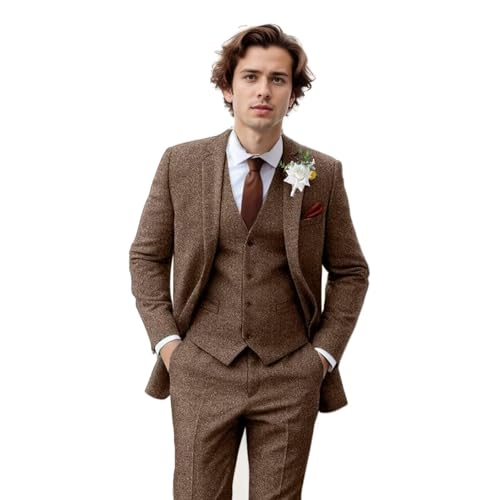 Men Tweed Suit Herringbone 3 Piece Slim Fit Suit Dress Tuxedos Prom Blazer Wedding Jacket Vest Pants Set