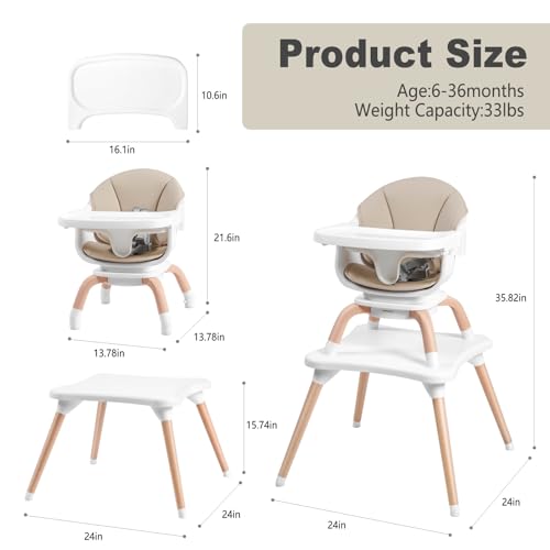 Image of Baby High Chair, 7 in 1 Convertible High Chairs for Babies and Toddlers, Kids Learning Table, Building Block Table, Toddler Dining Chair with 360 Rotating Seat, 5-Point Safety Harness (Khaki)