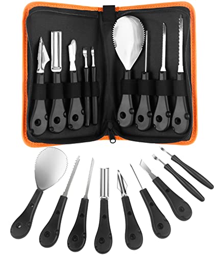 Kit de Sculpture de Citrouille d'Halloween, Outil de Sculpture de Citrouille inoxydable Couteau à découper Kit de sculpture de citrouille Kit de sculpture de citrouille avec modèle , 9 pièces Noir Cover