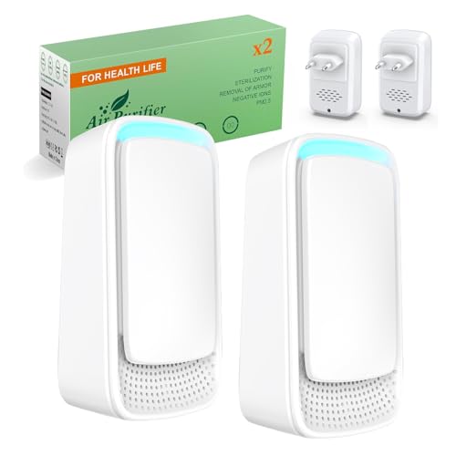 Mini Purificatore d‘Aria a Ioni Negativi (Confezione da 2) - Elimina Odori e Polvere Senza Filtri - Azione Silenziosa per Stanze Piccole come Camera, Bagno, Cucina e vicino alla Lettiera