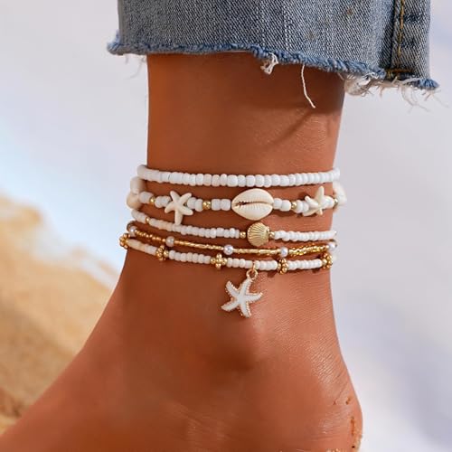 Image of Boho Shell Ankle Bracelet Set for Women, 5 Pairs 14K Boho Bead Handmade Adjustable Anklet, Hawaiian Beach Seashell Starfish Foot Jewelry Gifts