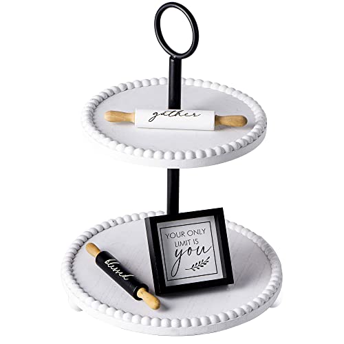 Defined Deco Beaded White Tiered Tray with 3pcs Tiered Tray Decor for Farmhouse Home Decor, Two Tiered Serving Tray Stand with Decorative Signs and Wooden Plaques for Farmhouse Kitchen Decor