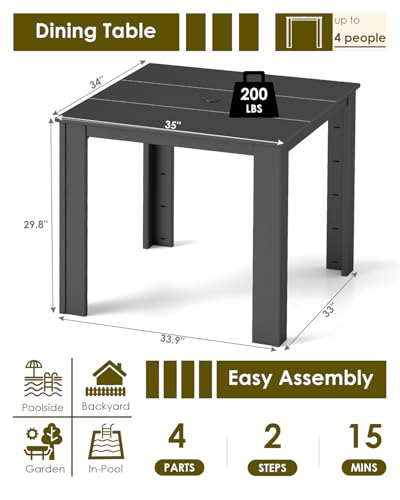 Image of GREENVINES HDPE Outdoor Dining Table w /Umbrella Hole for 4, Black