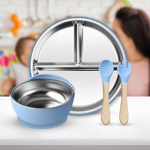 Image of NYALA Stainless Steel Toddler Plates Silicone Suction, Non-Slip Baby Plates BPA Free,Unbreakable Dishwasher Safe (Blue, Plate + Bowl)