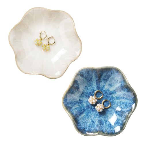 Image of 2PCS Lotus Leaf Shape Ring Holder Dish, Small Key Bowl, Ceramic Trinket Tray Jewelry Dish Organizing Necklace Earrings for Mom Friend Sister, All Jewelries Are NOT Included. White+Light Blue.