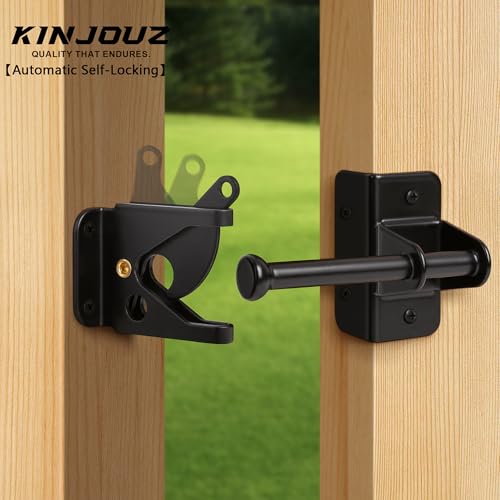 KINJOUZ Self Locking Gate Latch for Wooden Fence, Heavy Duty Automatic Gravity Fence Latch for Wood Metal Gate, Gate Hardware Door Lock for Outdoor Pool Garden Shed, Black, 1Pack by KINJOUZ - Image 4