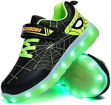 YUNICUS Boys Shoes, LED Light Up Shoes Kids Girls Boys Breathable Flashing Sneakers (Toddler 10M, Black/Green)