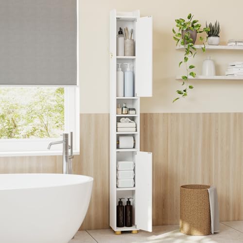 Image of Tangkula Narrow Bathroom Cabinet, 69.5 inch Tall Storage with 2 Doors & Adjustable Shelves, Toilet Paper Rod & Side Hook, Anti-toppling Design, Slim Floor Cabinet for Small Spaces (White, 1 Pack)
