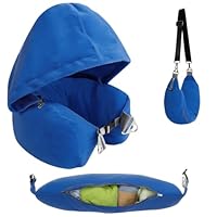 XPEX 1 Pezzi Cuscino Da Viaggio Da Riempire Con Cappuccio, Con Vestiti, Taglia Collo Regolabile, Multifunzionale Per Aereo E Bagagli Extra(Blu)