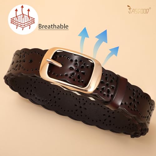 JASGOOD Leather Belt for Women Hollow Flower Leather Belt for Jeans Pants Fashion Waist Belt with Gold Buckle3