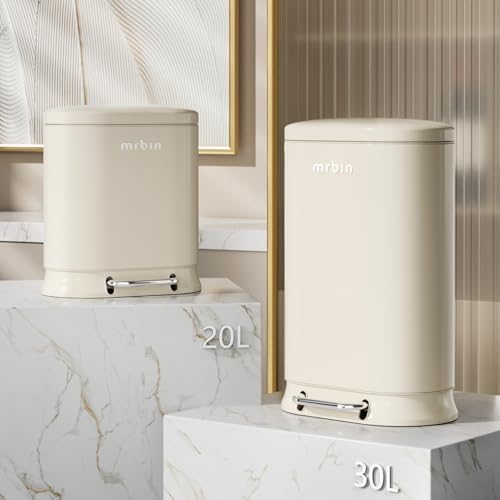 Image of MRBIN Metal Bathroom Trash Can with Lid, 20L / 5.3gal Commercial Step Waste Basket for Kitchen, Medium Toilet Garbage Pail with Stainless Steel Foot Pedal for Near Desk, Restroom, Rv, Vanity, White