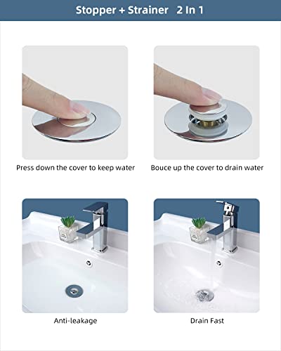Hibbent All Metal Universal Bathroom Sink Stopper, For 1''~1.8'' Basin Pop Up Sink Drain Strainer, Upgraded Brass Bullet Core Push Type Sink Stopper, Stainless Steel Anti Clogging Drain Filter, Chrome #TOP6