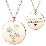 MeMeDIY Personalized Birth Flower Necklace for Women Floral Coin Stainless Steel Round Pendant with BirthStone Rose Gold/Silver/Gold Engraved Flower Bouquet Necklace -B3
