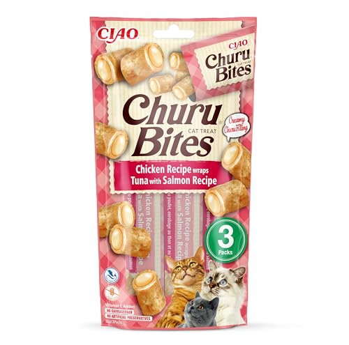 Ciao Churu Bites by INABA Cat Treat - Chicken, Tuna & Salmon Flavour (3 x 10g) / Crispy Pouches with Creamy Filling, Delicious & Healthy Snack for Cats, Hand Feeding, Natural, Grain Free