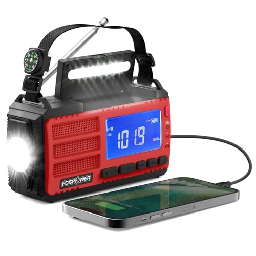 FosPower NOAA Emergency Weather Radio D8 37000mWh Portable Power Bank, AM/FM, USB/Solar/Hand Crank Charging, SOS Alarm & Flashlight for Indoor/Outdoor Emergency - Red option