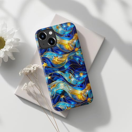 Image of Goodon for iPhone 14 Plus Case Cute - Wireless Charging Compatible - Dual-Layer Hard Shell + Silicone Cover - Protective Phone Case with Trendy Designs for Women - Abstract Bule Gold Water