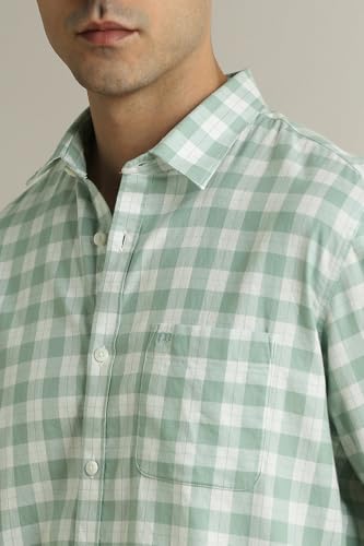 Image of Peter England Men's Checkered Cotton Shirt | Smart Casual | Full Sleeves Slim Fit