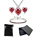 kai bao city Hearts Necklace and Stud Earrings Bangle Set Simulated Ruby Crystal Silver Fashion Adjustable Jewelry for Women Teen Girls Wife Party Prom Engagement Wedding Gifts (Red)