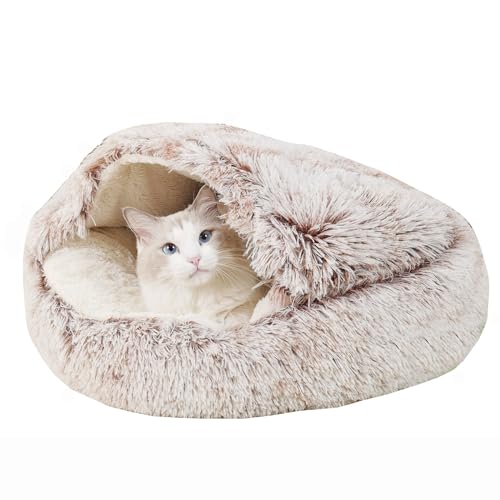 Cat Beds for Indoor Cats Cave & Calming Dog Beds, Non-Slip Washable Round Donut Cat Bed, Cozy Pet Beds for Small Dogs, Large Cats, Medium-Sized Dogs,Warm Funny Fuzzy Dog Bed 24inch, Coffee