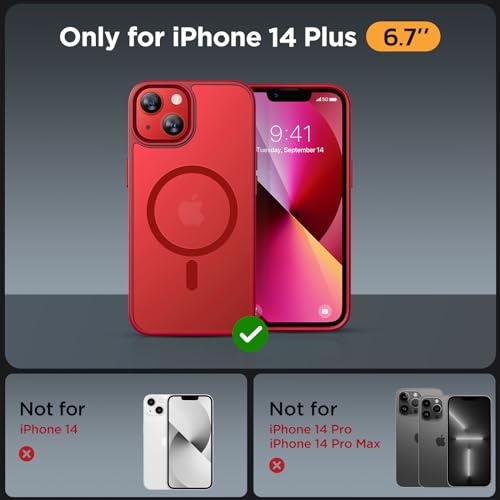 Image of Miracase Magnetic for iPhone 14 Plus Case 6.7 inch (Compatible with MagSafe)(with 2X Screen Protectors) Military-Grade Protection, Anti-Fingerprint Translucent Matte Phone Case Cover, Red