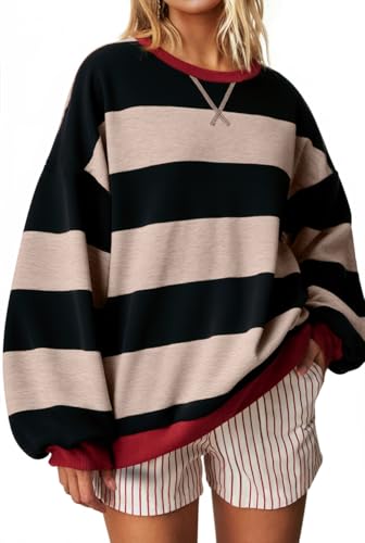 Image of UEU Women Oversized Striped Crewneck Sweatshirt Long Sleeve Color Block Pullover Tops Casual Loose Workout Shirt