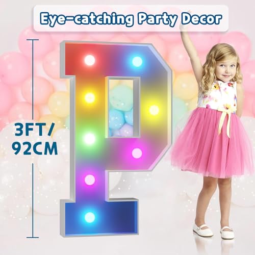 Image of Imprsv Colorful 3FT Marquee Letters P, 18 Colors Large Light up Letters | RGB with Remote, Birthday Party Decorations Anniversary Wedding Decorations Assembly Required 21 Pcs Accessory Set