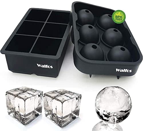 Walfos® Silicone ice Cube Moulds Set, Large Square Ice Cube Tray and Sphere Ice Ball, Easy to Pop Out, Prefect for for Whiskey, Cocktails, Baby Food, Reusable & BPA Free