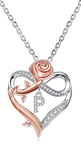 WIGERLON Rose Heart Initial Necklaces for Women,Infinity Love Heart Letter Pendant Necklace CZ A-Z for Teen Girls P necklace