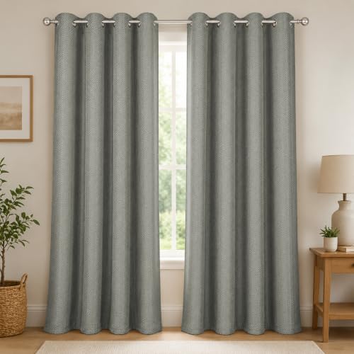 Image of LINENWALAS 100% Blackout Curtains for Long Door (9 Feet) - Set of 2 Panels, Herringbone Linen Texture Complete Light Block, Thermal Insulated & Noise Reducing Room Darkening Drapes (Light Grey)