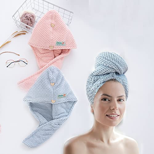 2-Pack Double Layers Extra Thick Microfiber Hair Towel Wrap for Curly Hair | Super Soft Absorbent Hair Wrap Towels for Long Hair | Anti Frizz Turban Towel Hair Wrap for Women Quick Dry | Blue + Lotus