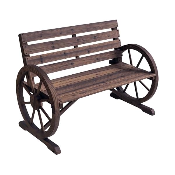 Outsunny 41″ Wooden Wagon Wheel Bench, Rustic Outdoor Patio Weather Resistance Furniture, 2-Person Slatted Seat Bench with Backrest, Carbonized