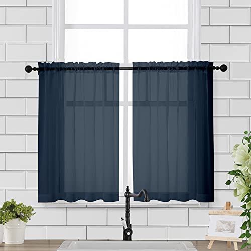 Image of Chyhomenyc Sheer Window Curtains Tier 2 Pieces Set, 36 inch Length, Short Dining Curtains Window Treatment for Small Windows /Bathroom /Cafe /Living Room, Rod Pocket, Navy Blue