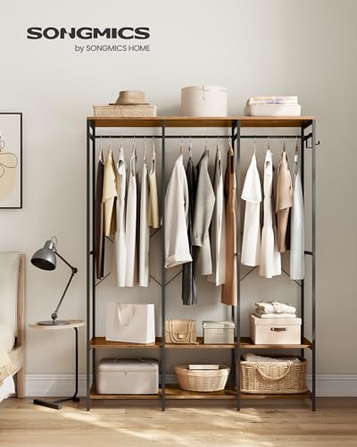 SONGMICS Kleiderschrank offen, Kleiderständer, Garderobenständer, Garderobe mit Kleiderstange, Ablagen, abnehmbare Haken, 40 x 141 x 180 cm, vintagebraun RGR005B01