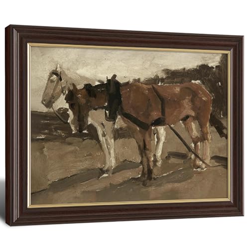 Image of Vintage Framed Work Horses Canvas Wall Art, Antique Farm Animal Painting, Neutral Tone Rustic Wall Decor for Living Room Bedroom Farmhouse Aesthetic