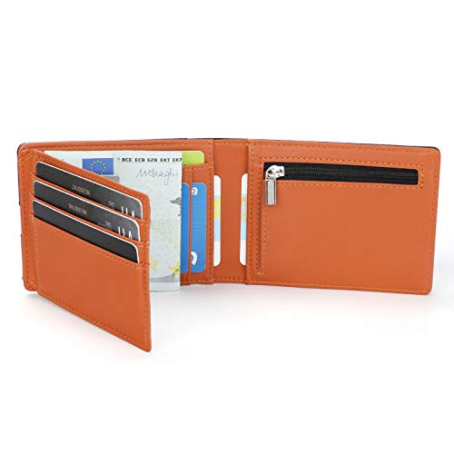 Vemingo Cartera para Hombre con Bolsillo de Moneda/Cartera Piel Hombre con Clip y RFID Bloqueo para Varias Tarjetas personales (O- Negro+Naranja)
