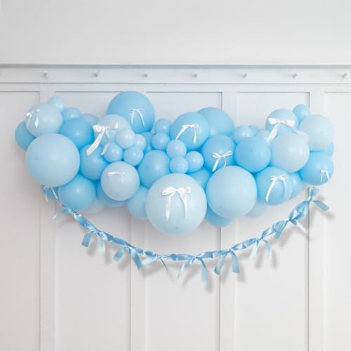Image of Pre-Assembled Blue Bow Garland - 6ft Ready-to-Hang Party Decorations for Baby Boy Showers, & Birthday,Gender Reveal， No DIY Needed, Thick Silk Satin Bows Banner (Blue, 6ft)