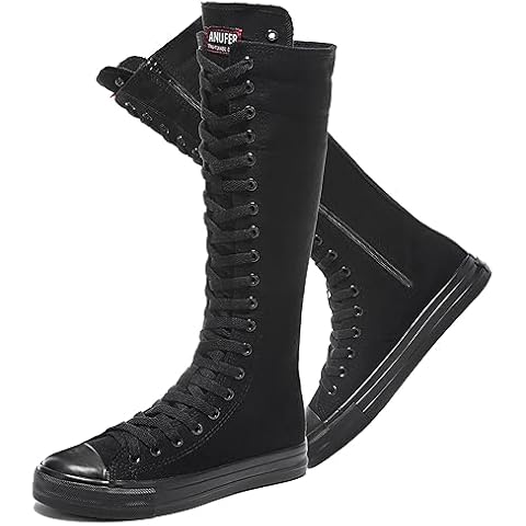 rismart Women's Canvas Sneakers Knee Length High Top Side Zip School Cheergirls Long Boots Black, 8.5 Cover