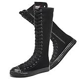 rismart Women's Canvas Sneakers Knee Length High Top Side Zip School Cheergirls Long Boots Black, 9