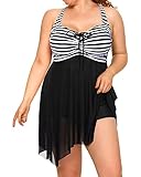 Daci Plus Size Zweiteiliges Badekleid mit Boyshorts für Frauen Mesh Badeanzüge Flowy Badeanzüge, Schwarz und gestreift., 152 Mehr