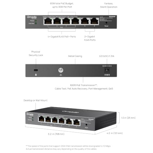 Image of TP-Link Omada 6 Port Gigabit Easy Managed, PoE Switch, 65W Budget, PoE+ Compliant, Up to 250m PoE Distance, Auto Recovery, VLAN, Auto Loop Prevention, Fanless, Managed by Omada(ES206GP)