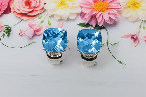 925 Sterling Silver 14mm Genuine Blue Topaz Diamond Accent Earrings, Cushion Cut3