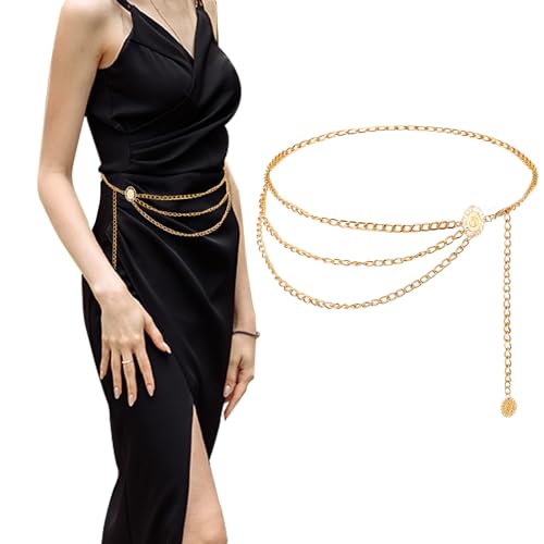 Multilayer Metal Waist Chain Belt for Women, Body Belly Chain for Women Fashion Adjustable Gold Belts for Woman Dress Jeans Trousers Western Accessories for Female Gift for Friends Lover4