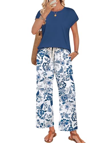 WIHOLL Vacation Outfits for Women Two Piece Sets Summer Outfits 2026 Work Office Airport Travel Lounge Sets Beach Clothes Spring Matching Clothing Fashion Comfy Loose Pajamas Navy Blue XL - view 1
