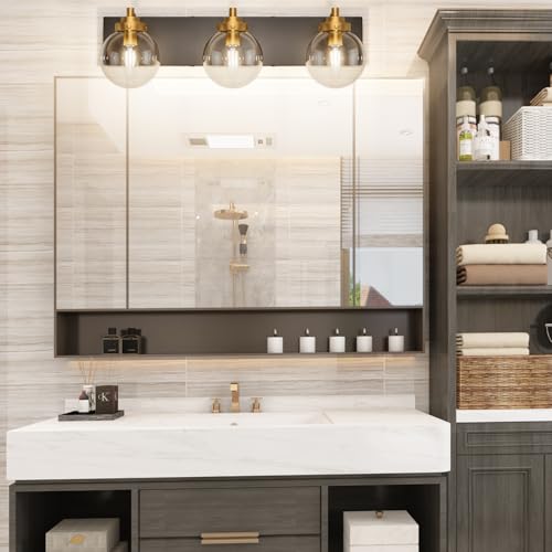 Image of Tipace Black and Gold Bathroom Vanity Light 3-Light Bathroom Light Fixtures Vintage Vanity Lighting Over Mirror with Clear Globe Glass Shade Bathroom Wall Sconce Lighting (Exclude E26 Bulb)