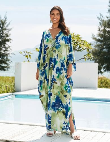 Women’s Floral Print 3/4 Sleeve V-Neck Kaftan Dress - Plus Size Beach Bathing Suit Swim Cover-Up3