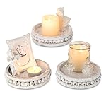 Hanobe Wood Plate Candle Holder: Small Candle Plate Set of 3 Decorative White Washed Beaded Candle Tray Round Candle Stick Holders Farmhouse Table Centerpiece for Fireplace Dining Room Home Decor