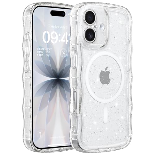 ZTOFERA for iPhone 16 ケース,MagSafe 対応,クリア キラキラ カーリー ウェーブ フレーム 女性用 女の子用 男性用,iPhone 16 用スマホケース,透明