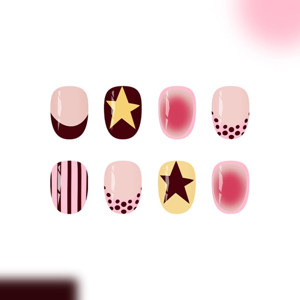 Light French with Dots Stripes, Elegant ABS Artificial Nails for Women